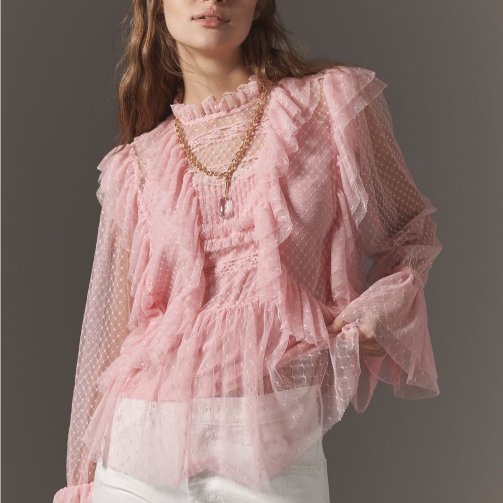 By Anthropologie Long-Sleeve Ruffle Sheer Blouse Pink